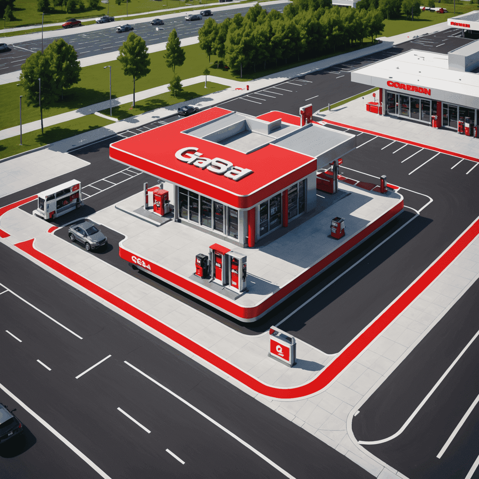 Aerial view of a modern gas station with sleek red and silver design, multiple fuel pumps, and a convenience store. The image showcases the cutting-edge technology and efficiency of our service stations.