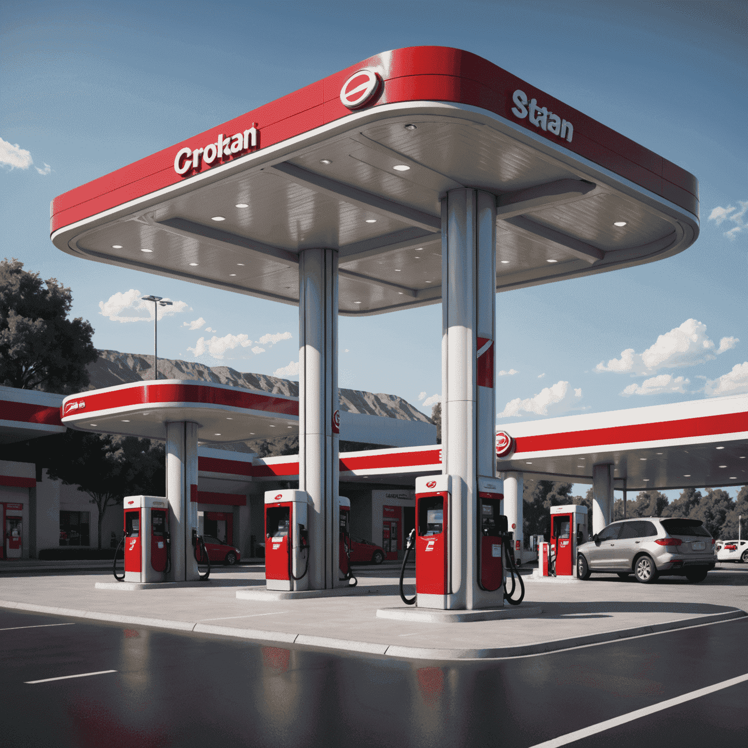 Modern gas station with futuristic design, featuring sleek pumps and a minimalist canopy. The station's color scheme matches the website's deep red and metallic silver theme.