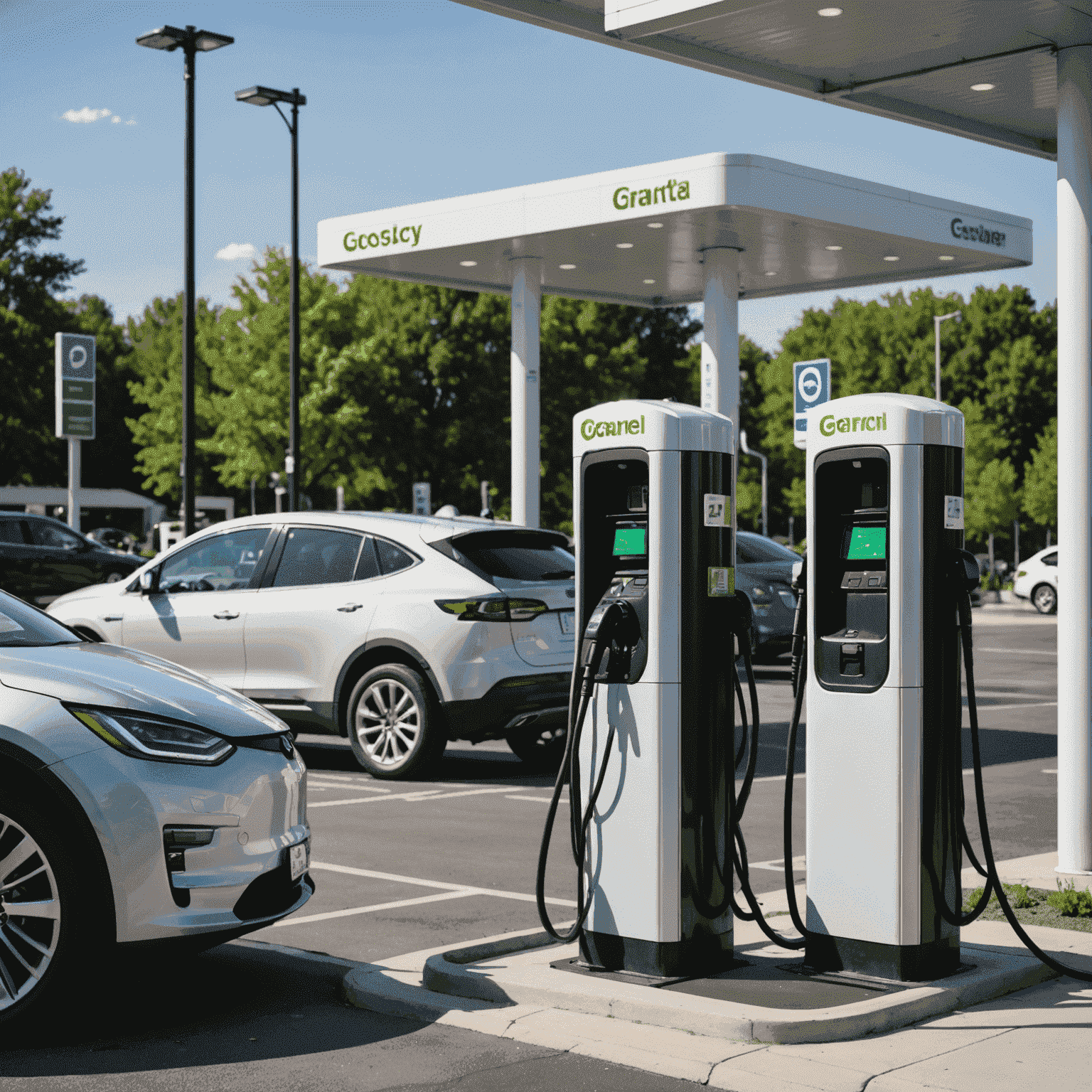 An electric vehicle charging station installed next to traditional gas pumps, showcasing the integration of new technology in a familiar setting