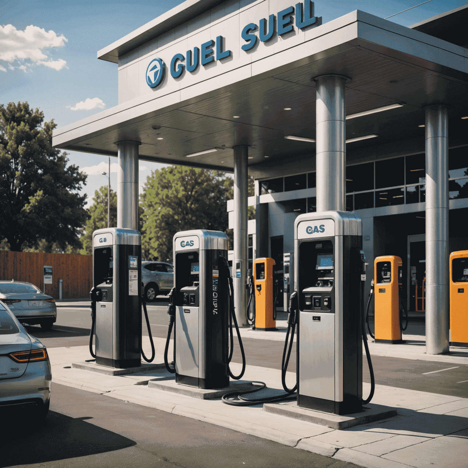 A modern gas station with traditional fuel pumps alongside sleek electric vehicle charging stations. The image showcases the juxtaposition of old and new energy solutions, with a backdrop of industrial architecture and metallic finishes.