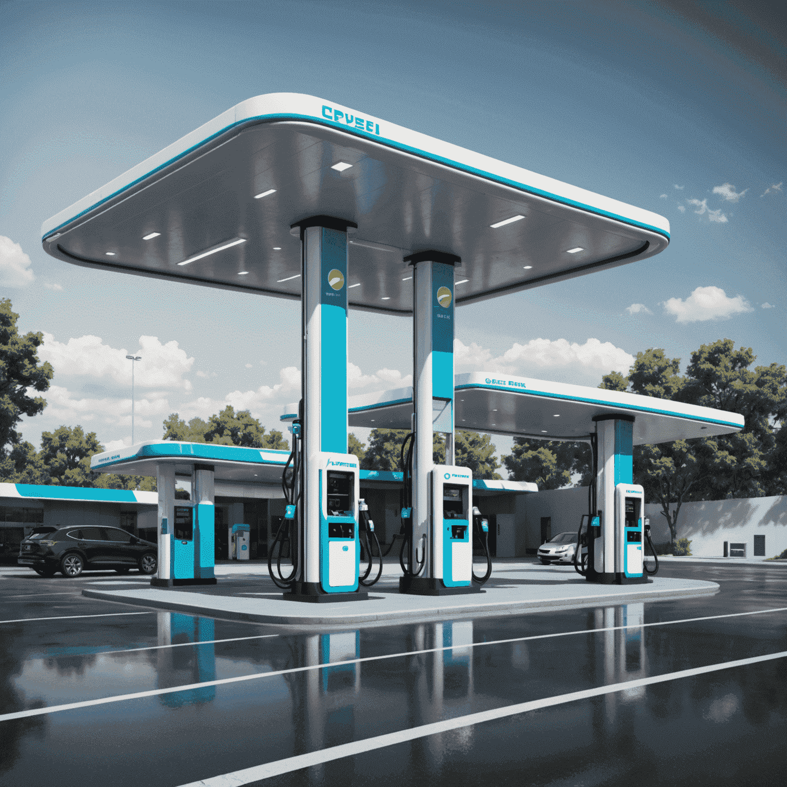 Futuristic gas station with sleek, minimalist design featuring advanced fuel efficiency technology. Electric and hydrogen pumps alongside traditional gasoline dispensers.