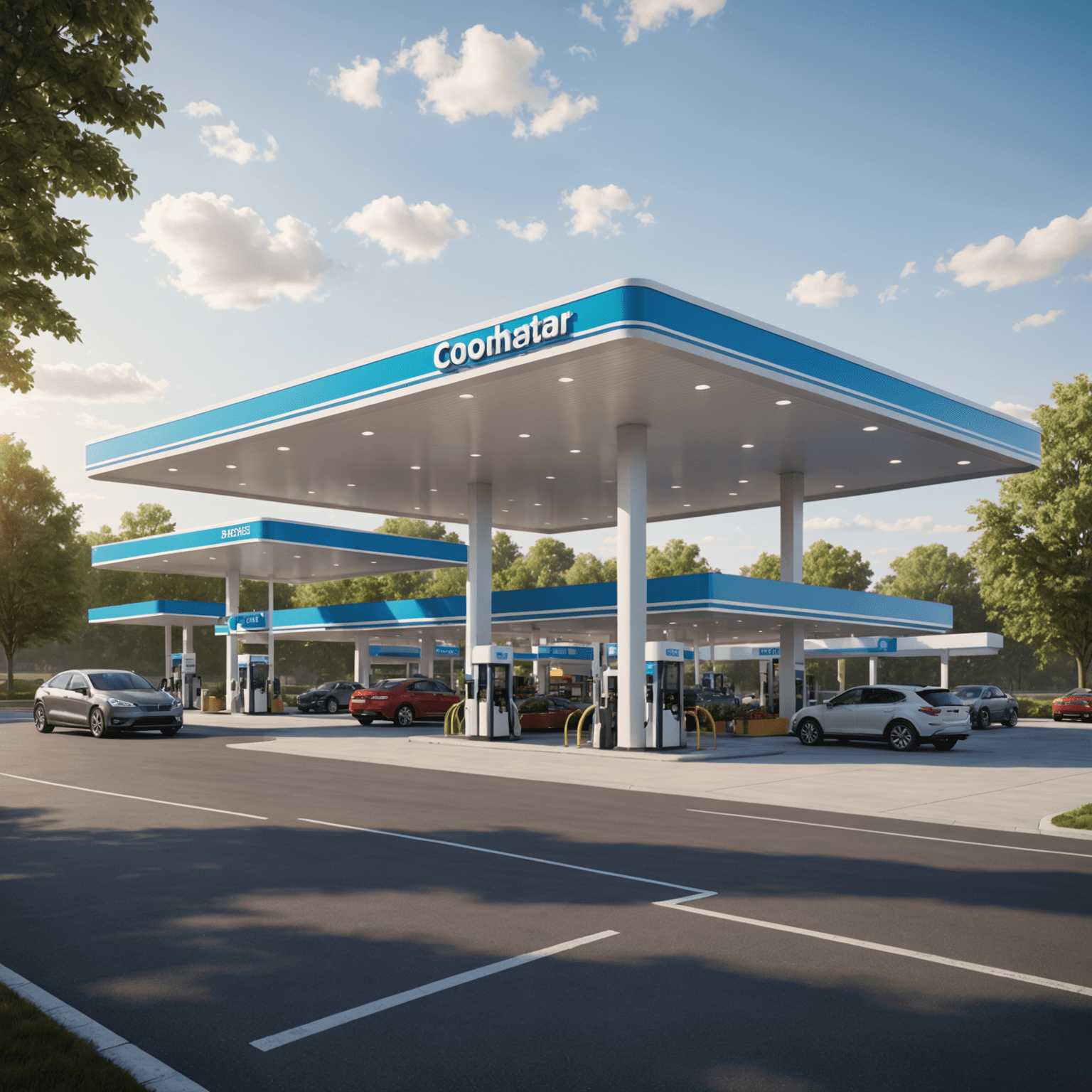 Modern gas station with an expanded convenience store, featuring fresh food options, electric vehicle charging stations, and a sleek, futuristic design. The image showcases the transformation of traditional fuel stations into multi-service hubs.