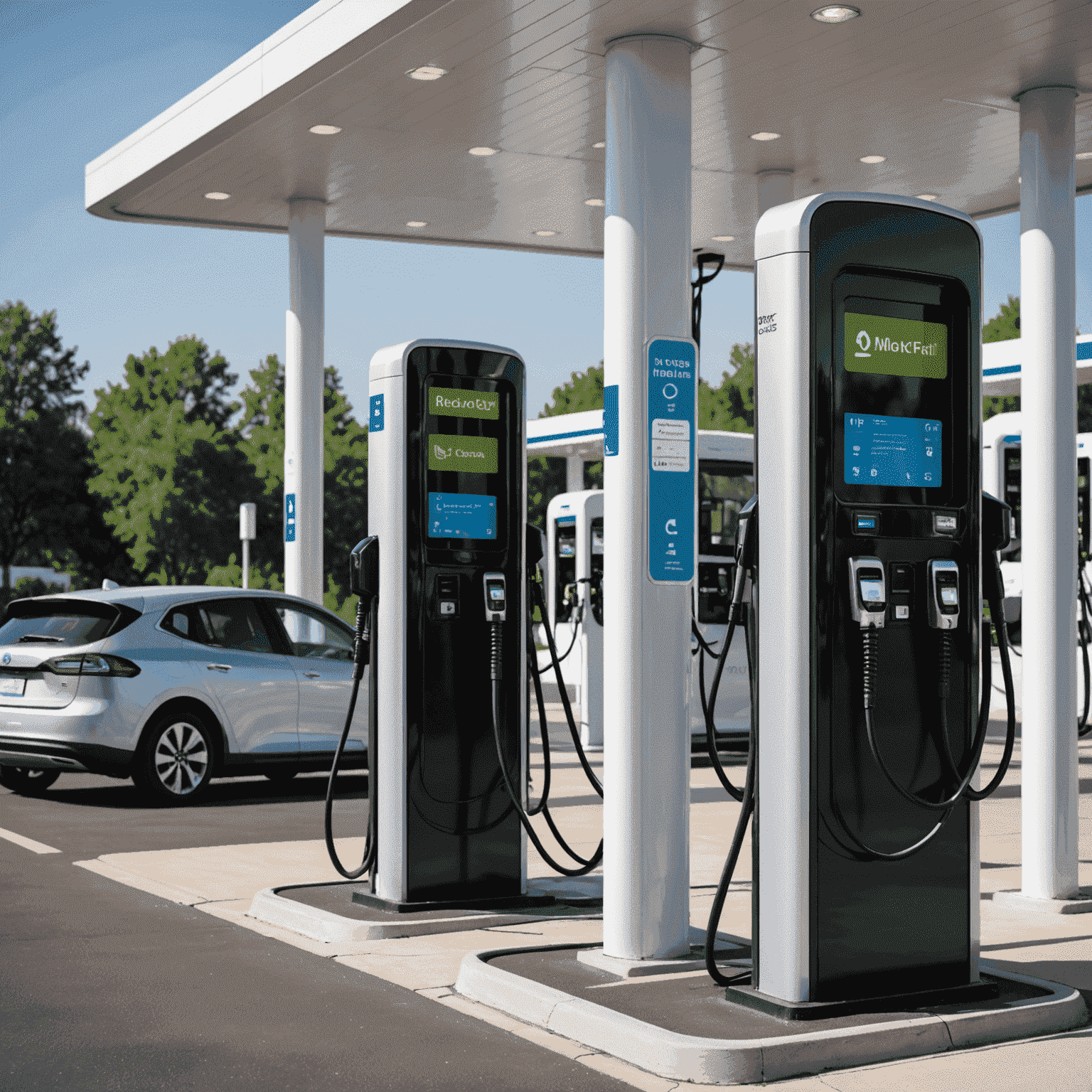 Electric vehicle charging station at a traditional gas station, showcasing the integration of new technology with existing infrastructure. The image displays a sleek, modern EV charger next to traditional gas pumps, symbolizing the future of energy solutions in the oil industry.