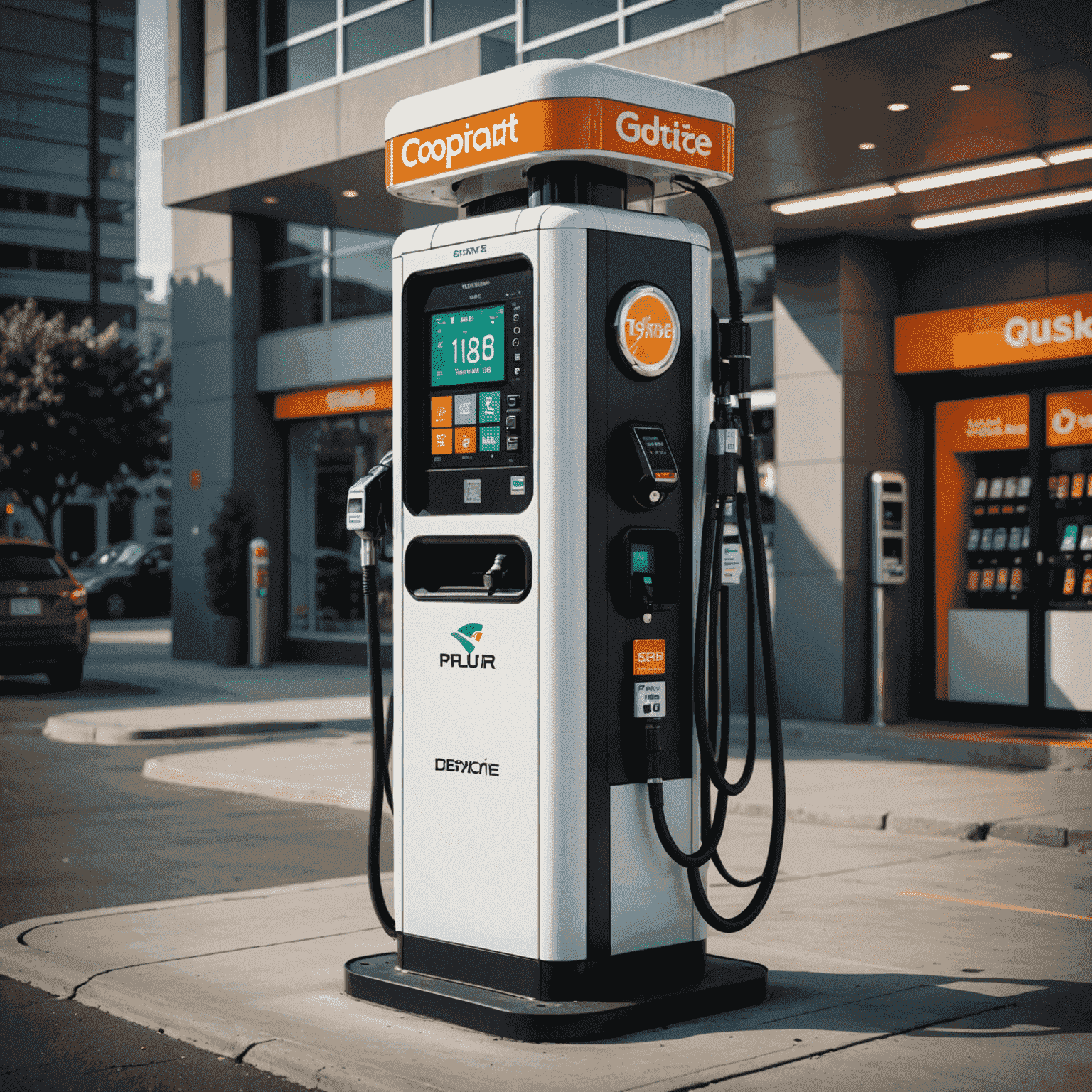 A futuristic gas pump with a digital display showing advanced fuel efficiency metrics and eco-friendly options