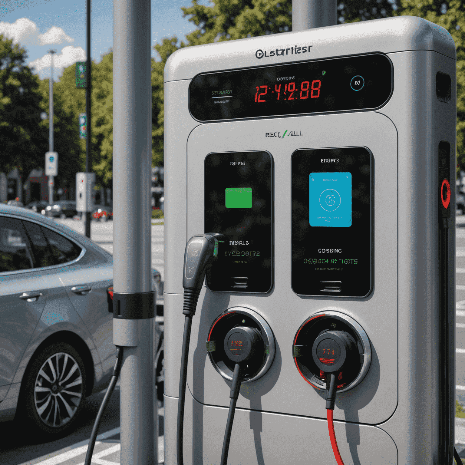 A close-up of an advanced EV charging station with multiple ports, featuring a sleek metallic design with red accents. The station displays digital screens showing charging progress and energy consumption data.