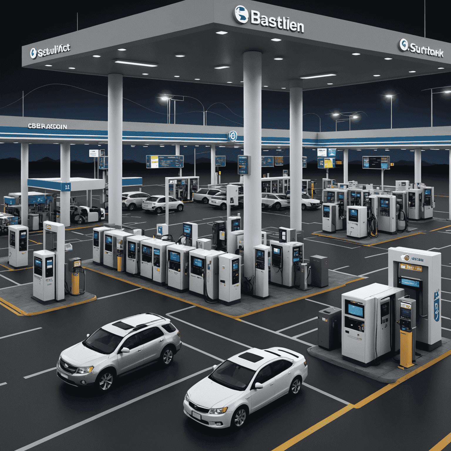 A schematic diagram showing potential cyber attack vectors in a gas station network, including POS systems, fuel pumps, and back-end servers