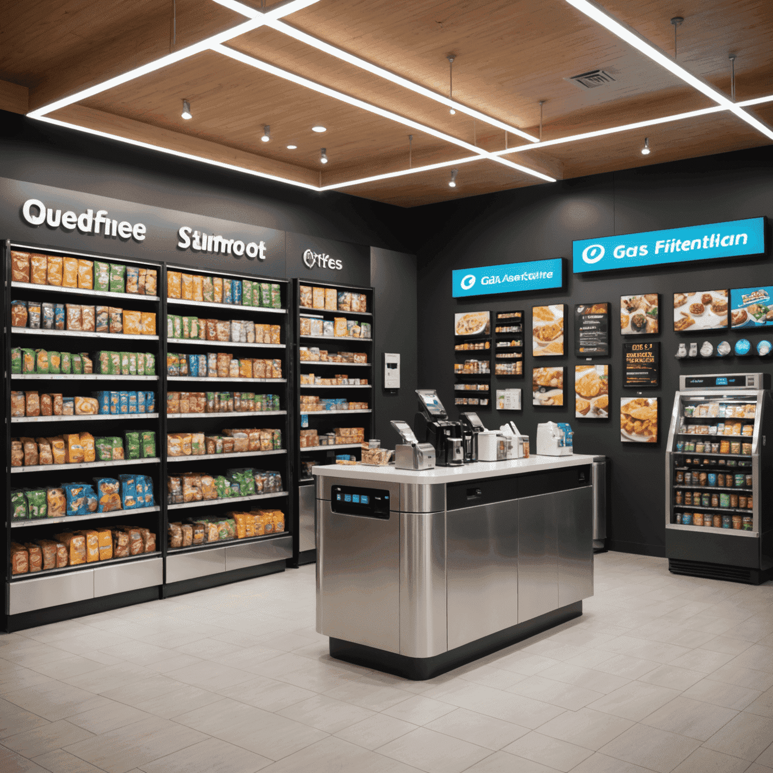 Interior of a modern gas station convenience store, showcasing a wide array of fresh food options, a gourmet coffee bar, and tech accessories display. The store has a clean, modern design with metallic accents and bright lighting.