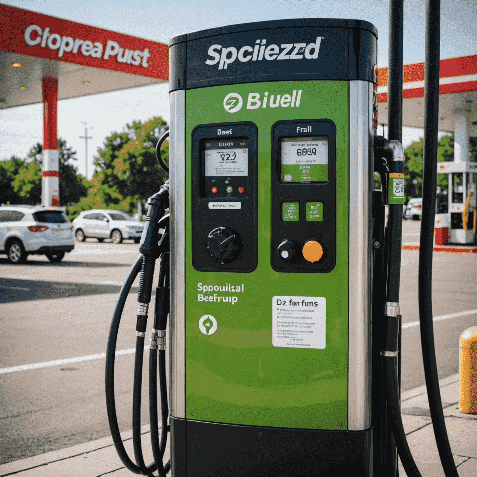 A specialized biofuel pump at a gas station, with clear labeling and information about its environmental benefits