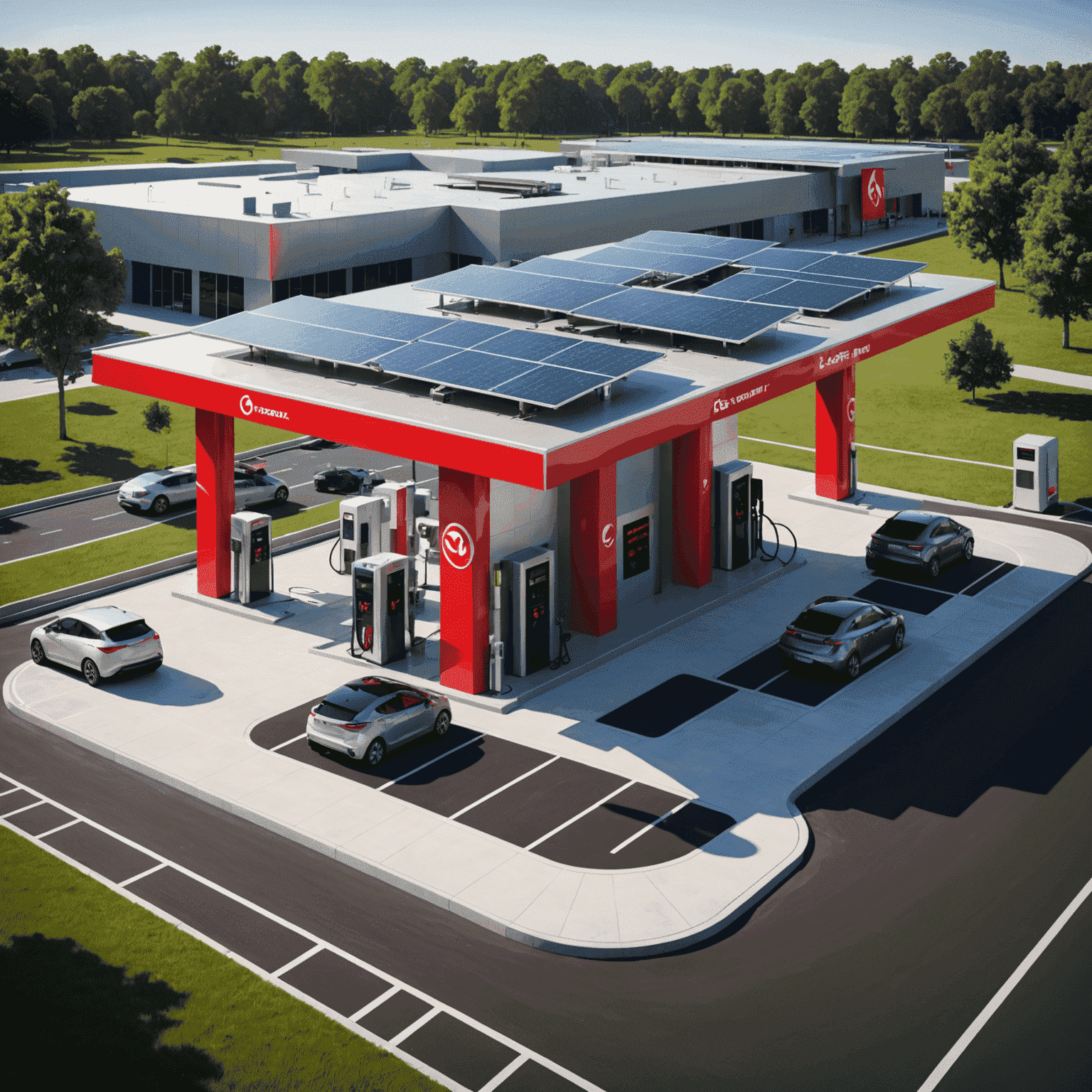 A futuristic rendering of a multi-energy station, showcasing various energy solutions including traditional fuel pumps, EV charging stations, hydrogen fuel cells, and solar panels. The design incorporates sleek metallic structures with bold red signage.