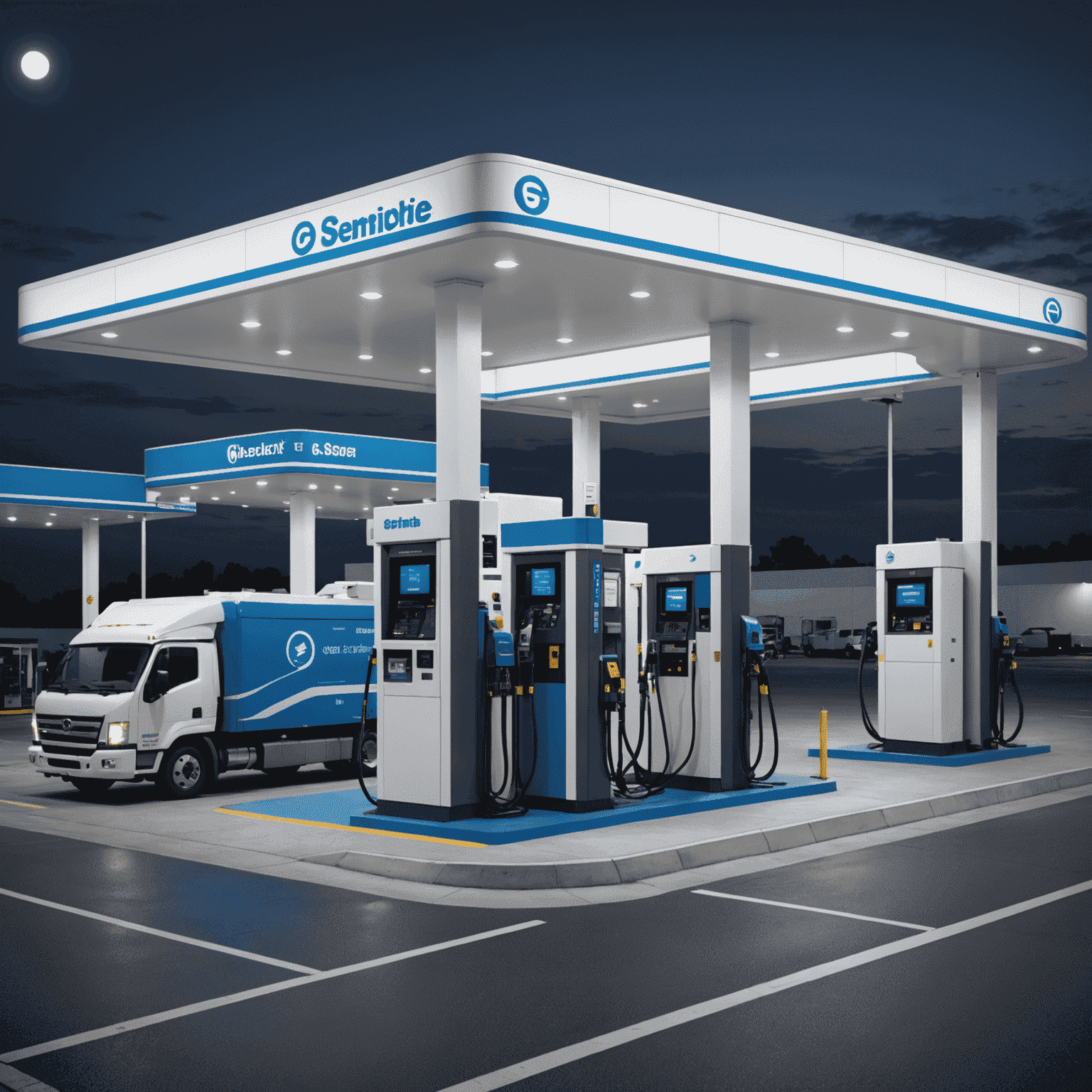 Schematic diagram of a gas station's predictive maintenance system, showing sensors on fuel pumps and storage tanks connected to a central analytics platform