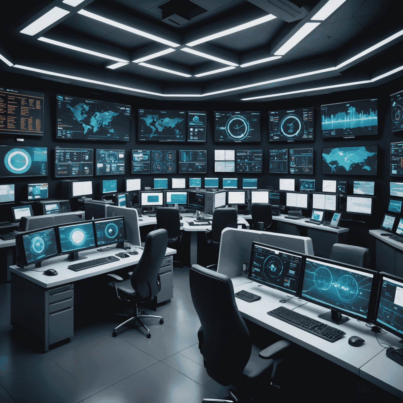 A futuristic control room with multiple screens displaying real-time cybersecurity metrics and alerts for a network of gas stations