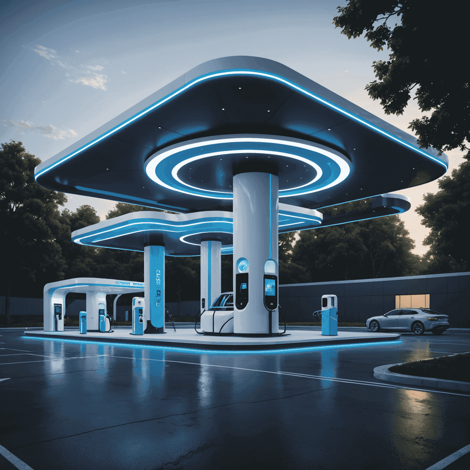 Futuristic gas station concept with a sleek, minimalist design. It features multiple electric charging ports, a hydrogen fuel pump, a small community gathering space, and a drone delivery pad on the roof. The station is illuminated with electric blue lighting, emphasizing its high-tech nature.