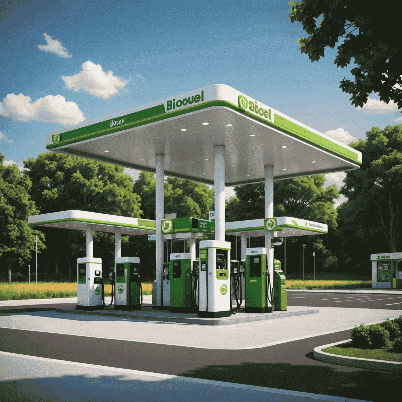 Modern gas station with prominent biofuel pumps. The image shows a redesigned service station layout featuring dedicated biofuel dispensers, with clear labeling and infographics explaining the benefits of biofuels. Green accents and plant imagery symbolize the eco-friendly nature of this fuel technology.