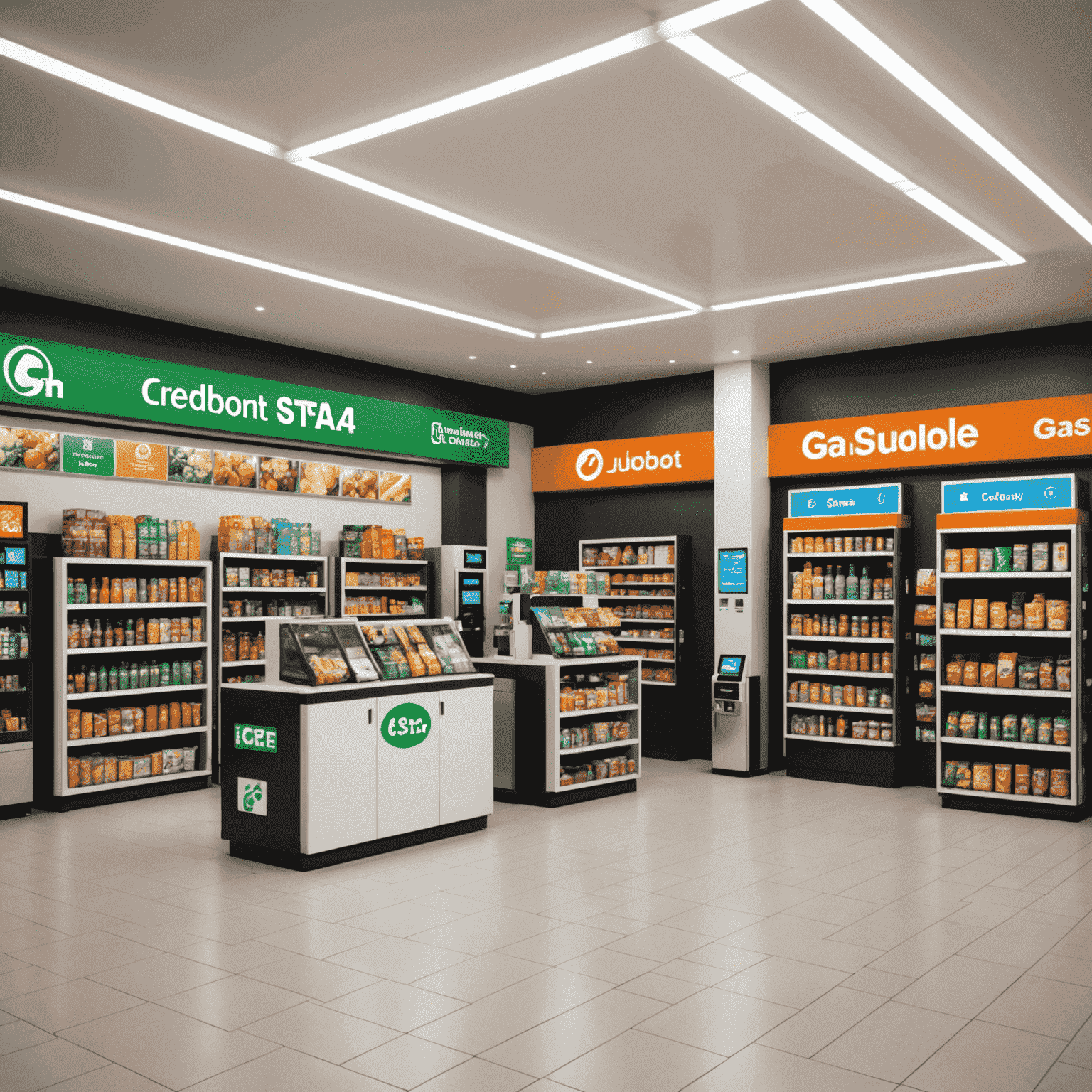 A modern gas station convenience store with a diverse range of products, including fresh food options and technology accessories